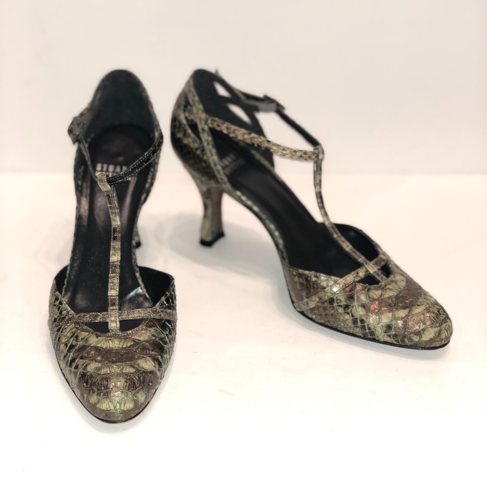 Stuart Weitzman Green Strappy Python Kitten Heels - image 3